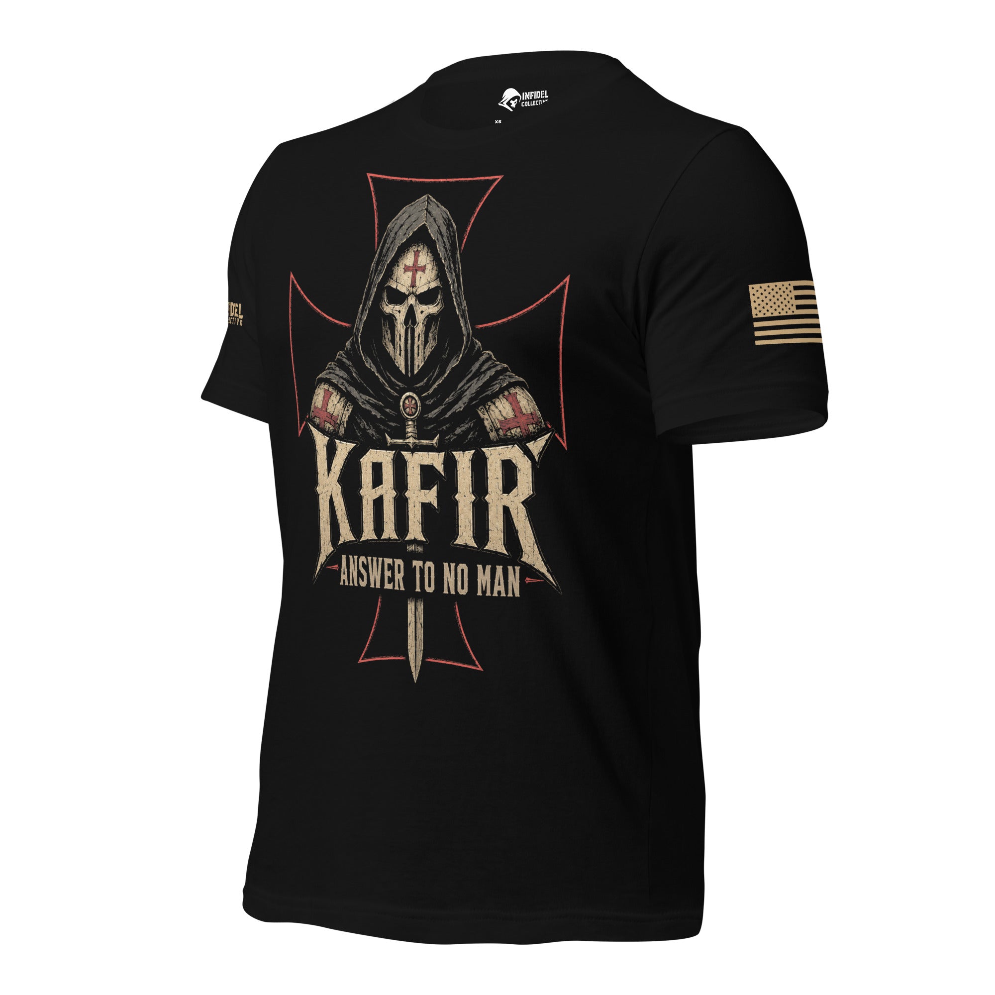Left front view of black tee featuring Kafir Answer to No Man hooded crusader death mask with USA Flag print on the arm.