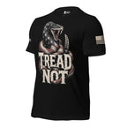 Left-front view of black Tread Not American Rattlesnake tee