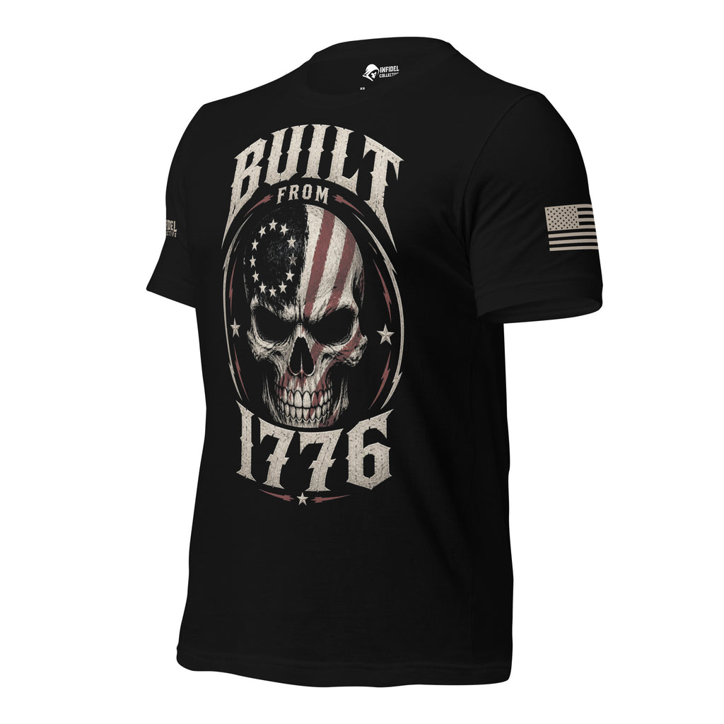 Black t-shirt with 'Built from 1776' graphic design on a white background
