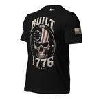 Black t-shirt with 'Built from 1776' graphic design on a white background