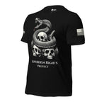 Front right view of black tee featuring Sovereign Rights Protect rattlesnake and skulls