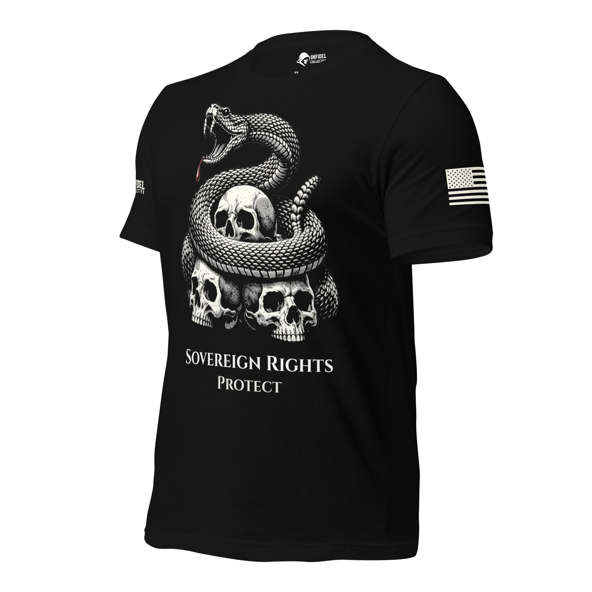 Front right view of black tee featuring Sovereign Rights Protect rattlesnake and skulls