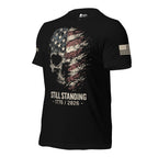 Left-front view of black tee featuring the Still Standing 1776 American flag skull graphic