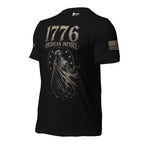 Left-front view of black Whispers of 1776 American Infidel tee