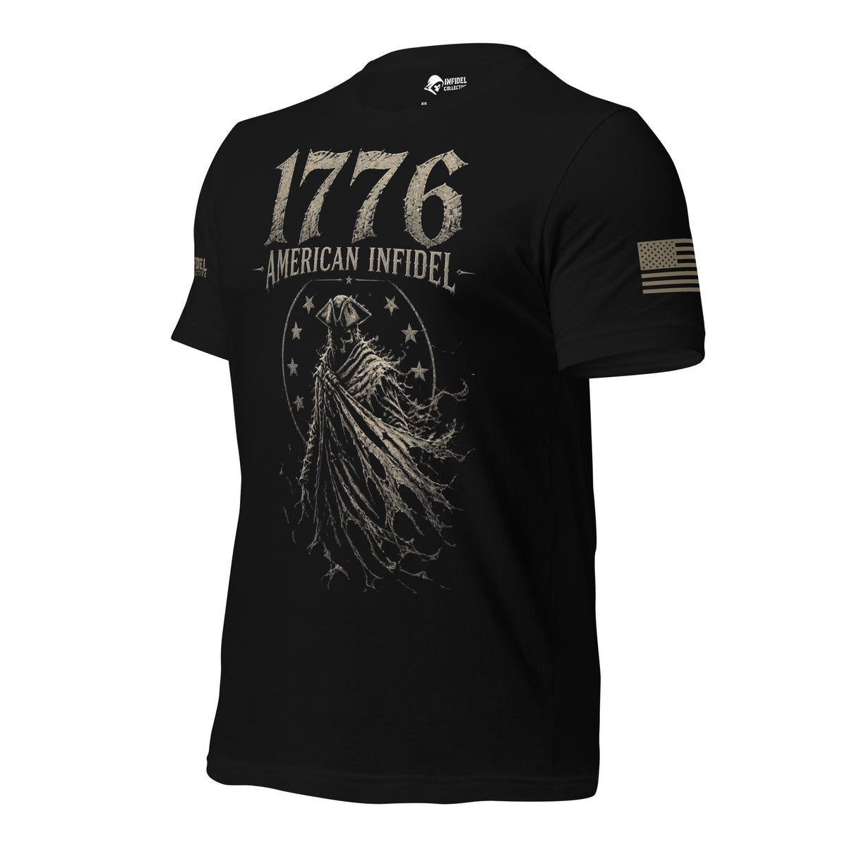 Left-front view of black Whispers of 1776 American Infidel tee