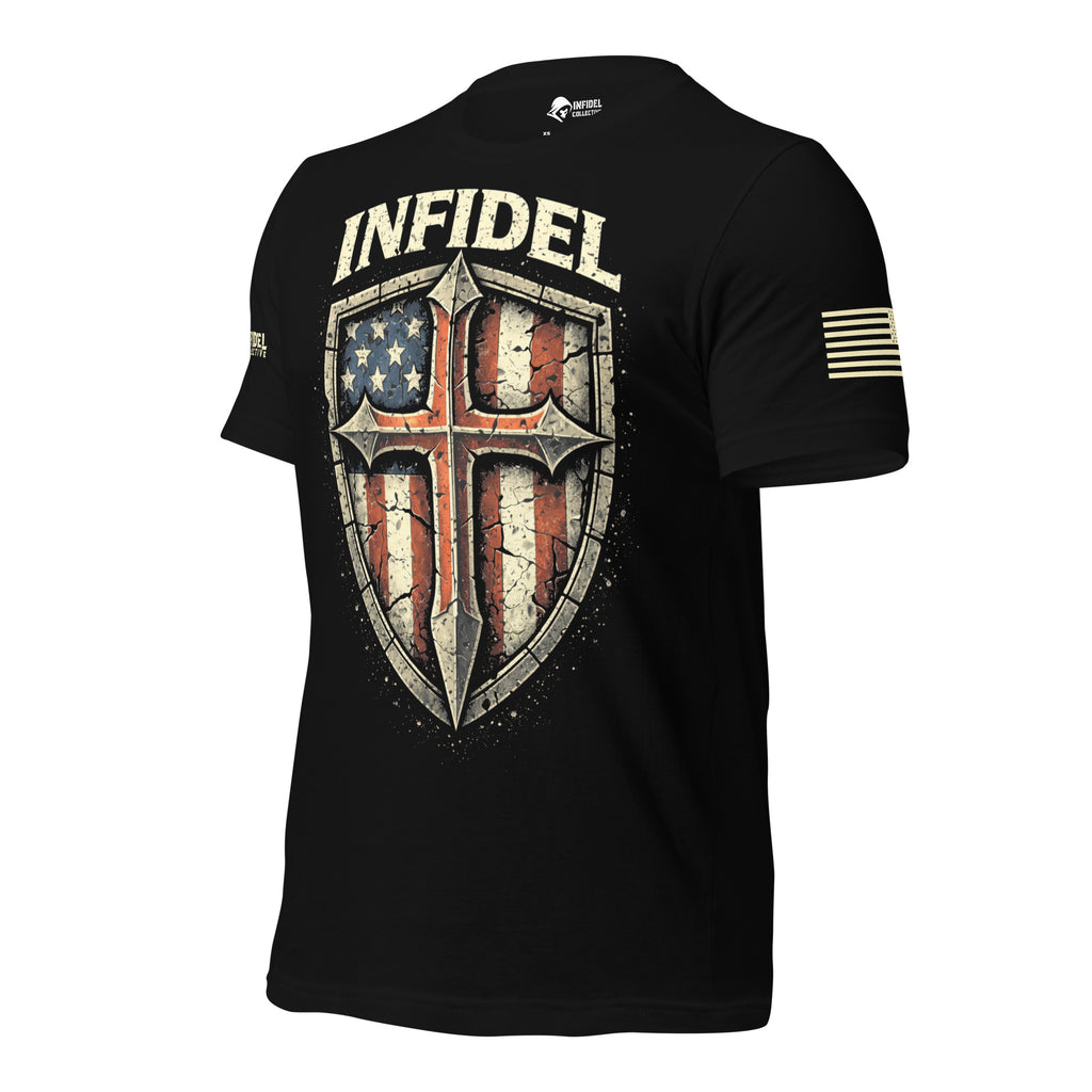 Left-front view of black tee featuring the Cross My Infidel Heart flag shield graphic
