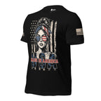 Left-front view of black Aviators Made in America USA women's tee