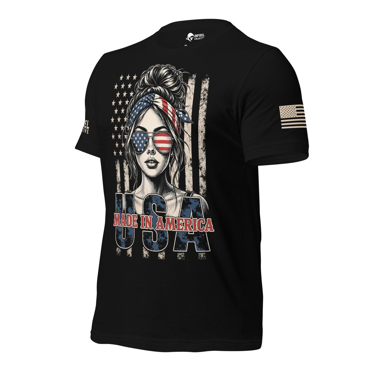 Left-front view of black Aviators Made in America USA women's tee