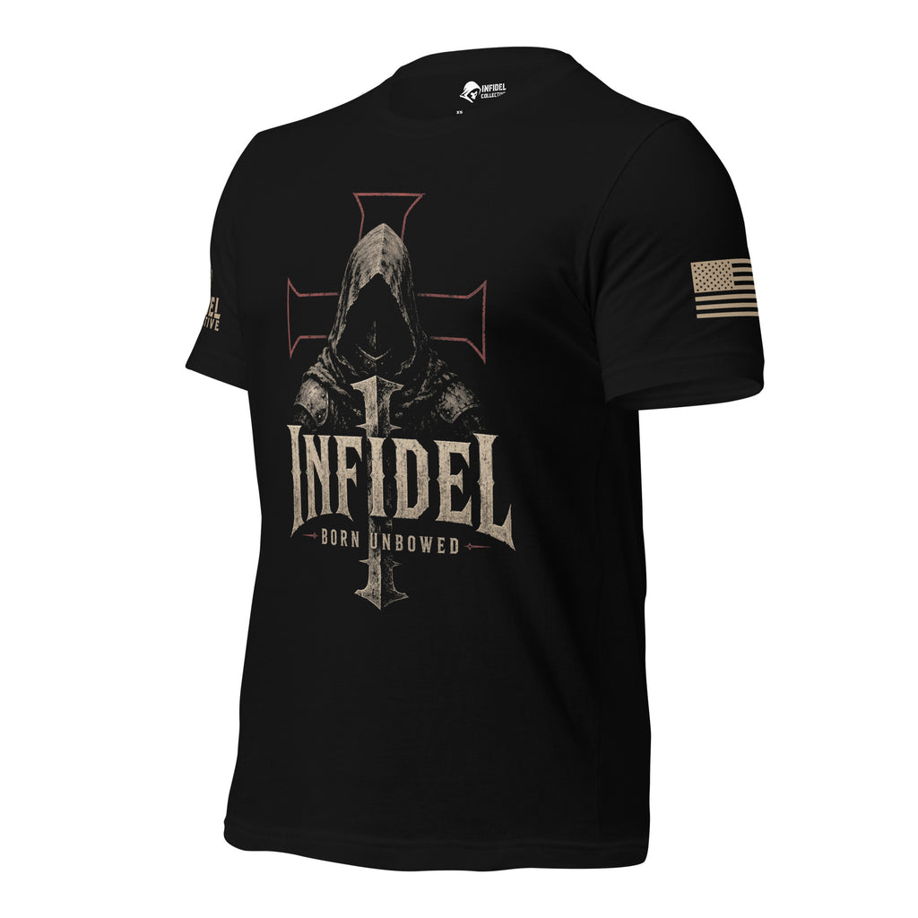 A black short-sleeve graphic t-shirt featuring a large front print of a hooded figure behind a cross with the text 'INFIDEL' and 'BORN UNBOWED'. The shirt has a distressed tan American flag print on the right sleeve and a small matching logo on the left sleeve.