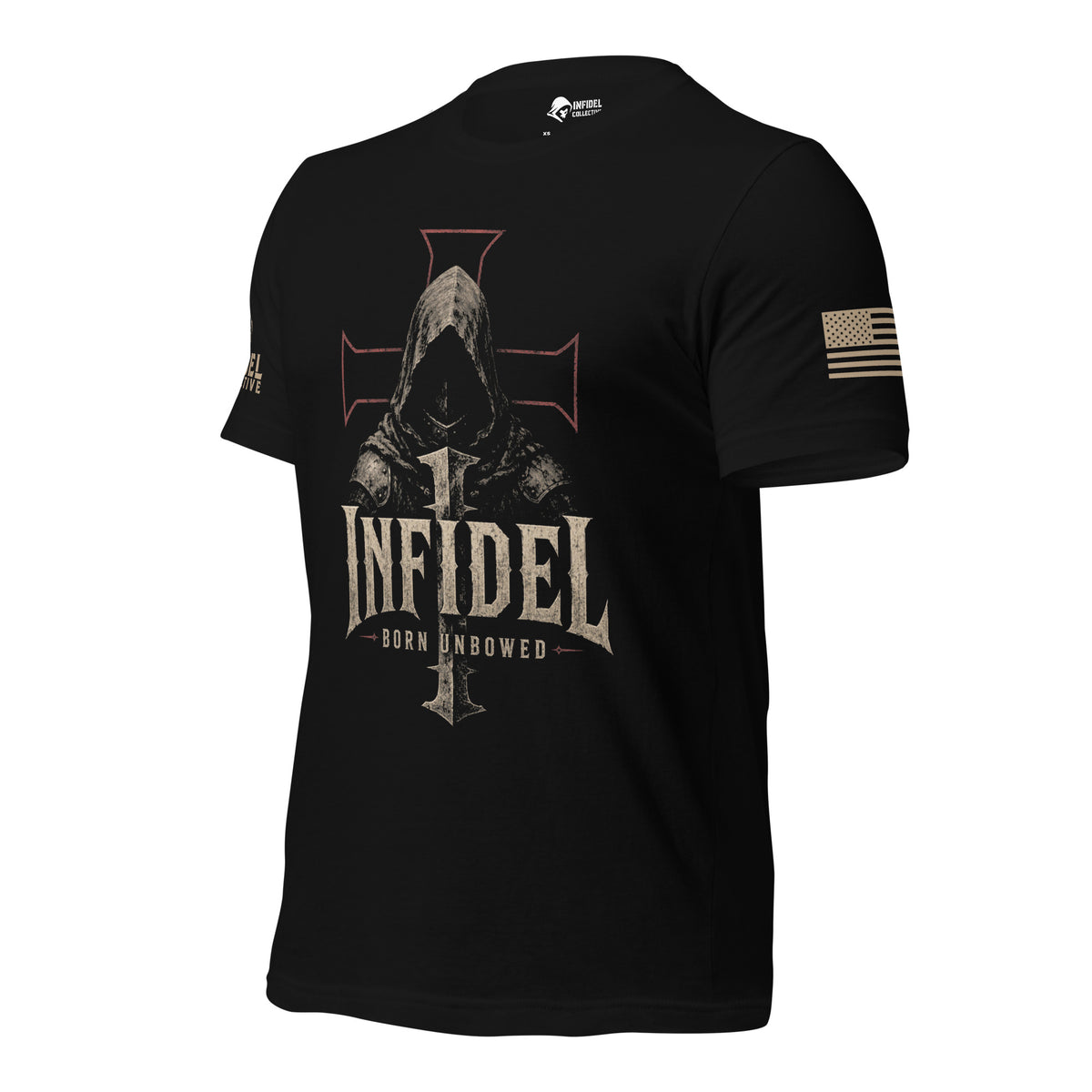 A black short-sleeve graphic t-shirt featuring a large front print of a hooded figure behind a cross with the text 'INFIDEL' and 'BORN UNBOWED'. The shirt has a distressed tan American flag print on the right sleeve and a small matching logo on the left sleeve.