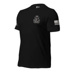 A black short-sleeve t-shirt with a gray cobra logo with INFIDEL on the left chest and a white American flag graphic on the left sleeve, with the brand logo on the left sleeve INFIDEL COLLECTIVE, shown on a plain white background.