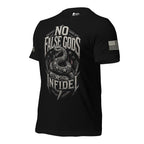 A black short-sleeve t-shirt with a large distressed graphic on the front featuring a coiled snake and the text 'NO FALSE GODS INFIDEL'. The shirt also has a small distressed American flag graphic on the right sleeve and a small logo on the left sleeve.