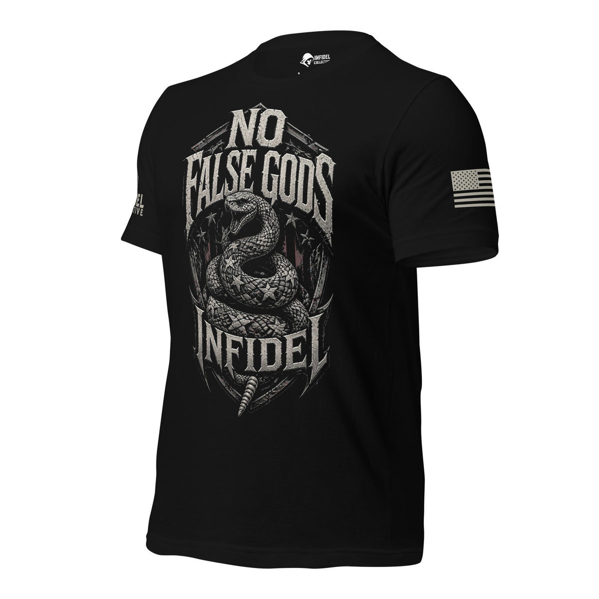 A black short-sleeve t-shirt with a large distressed graphic on the front featuring a coiled snake and the text 'NO FALSE GODS INFIDEL'. The shirt also has a small distressed American flag graphic on the right sleeve and a small logo on the left sleeve.