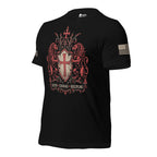 Left-front view of black Infidel's Lion Crest tee