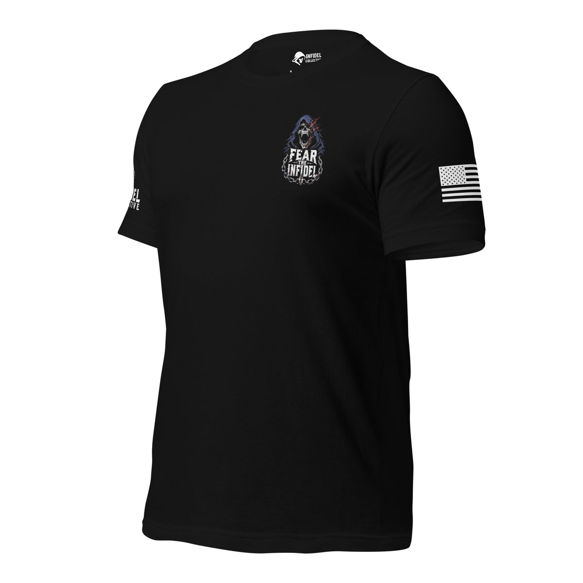 Black t-shirt with a reaper and "FEAR THE INFIDEL' TEXT integrated into the graphic at the front left chest pocket area, and sleeve patch of the brand "INFIDEL COLLECTIVE" on one sleeve and the USA flag on the other, on a white background