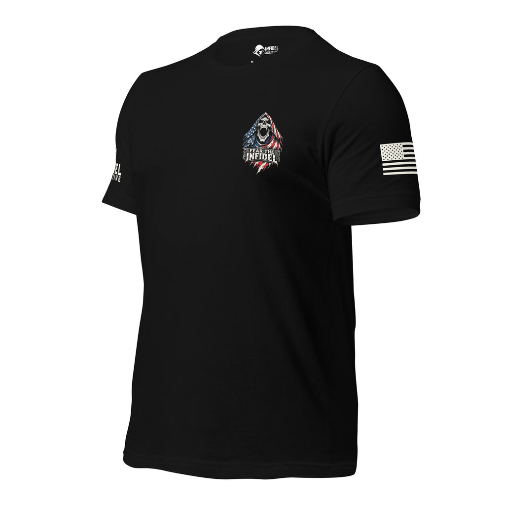 Left-front view of black Fear the Infidel Red Streak Reaper tee