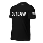 Front-left view of Black Outlaw Defined Back Print tee.