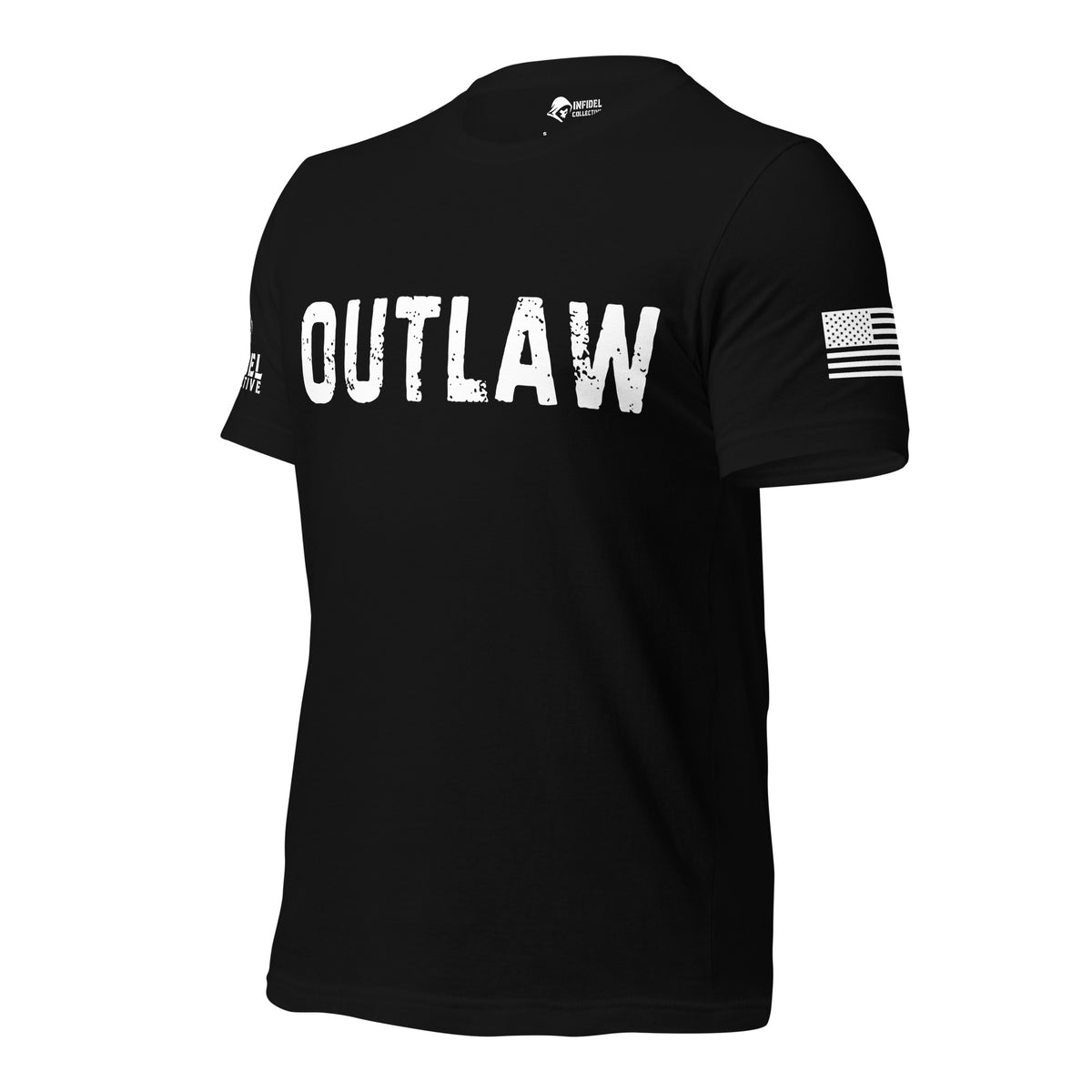 Front-left view of Black Outlaw Defined Back Print tee.