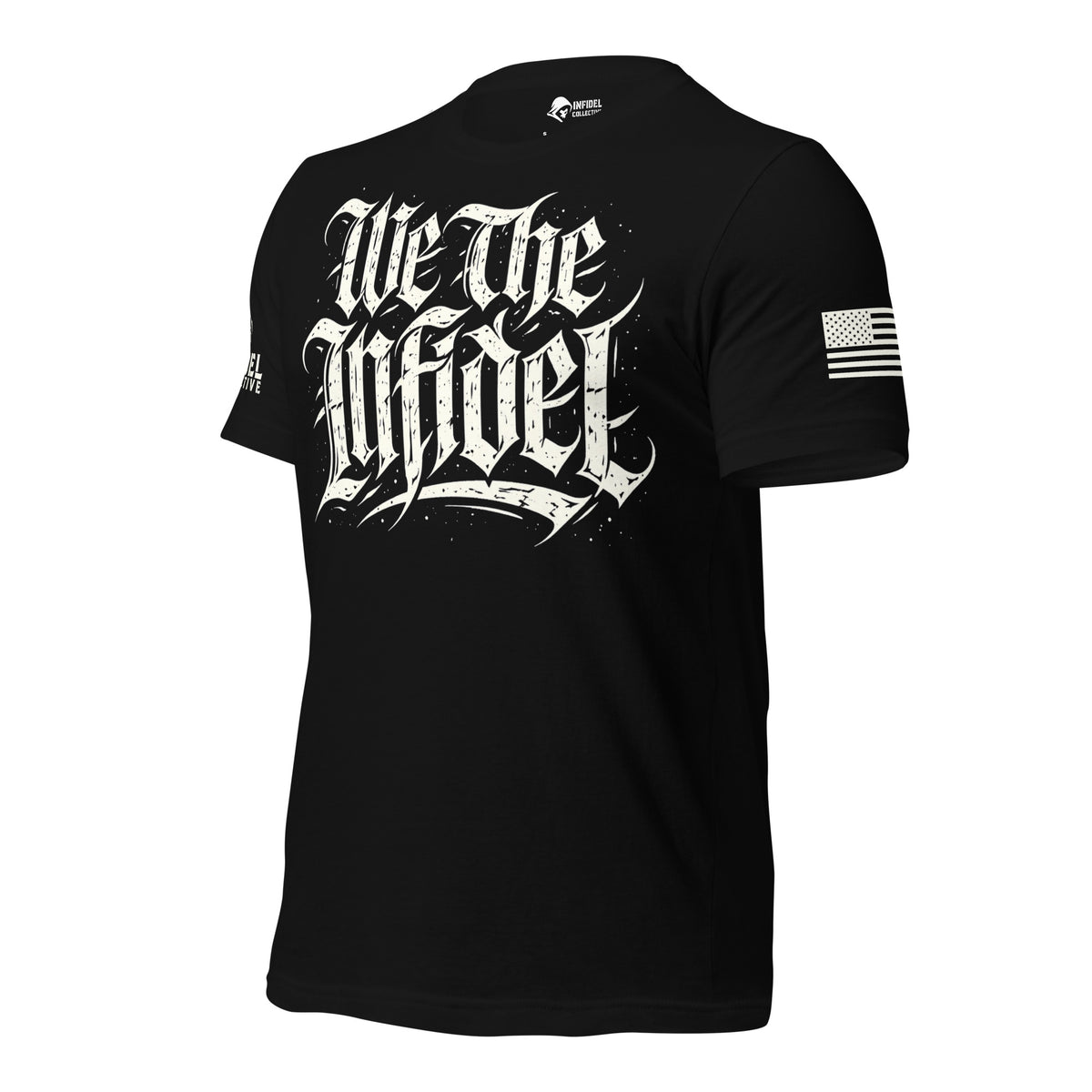 Front-left view of Black We the Infidel Declaration Script tee.
