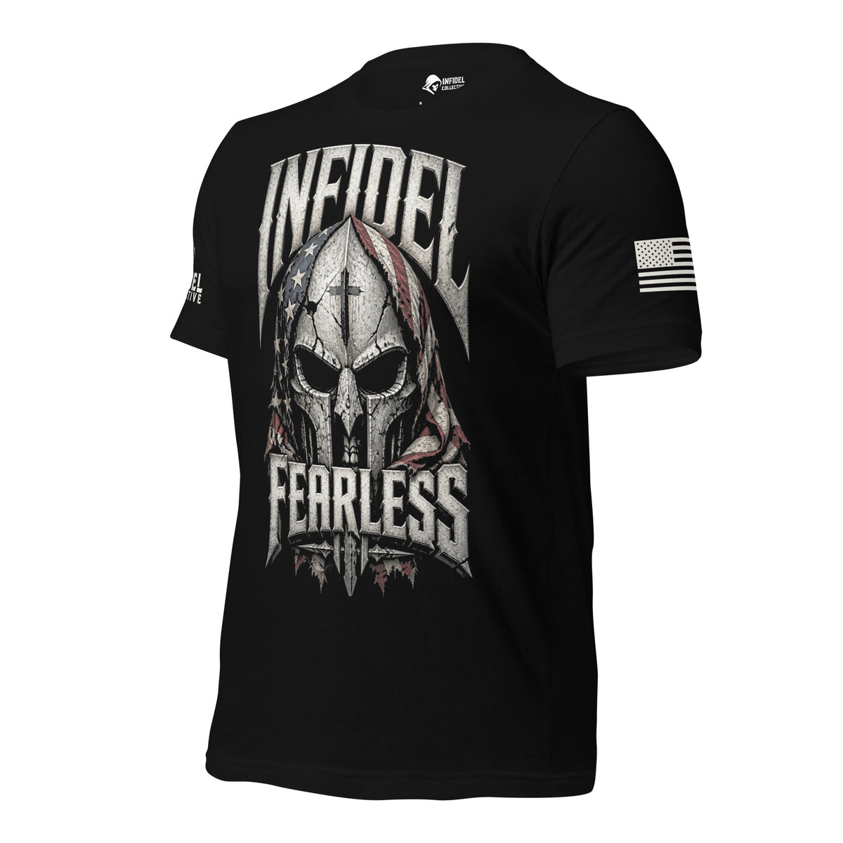Front-left view of Black Infidel Fearless Crusader tee.