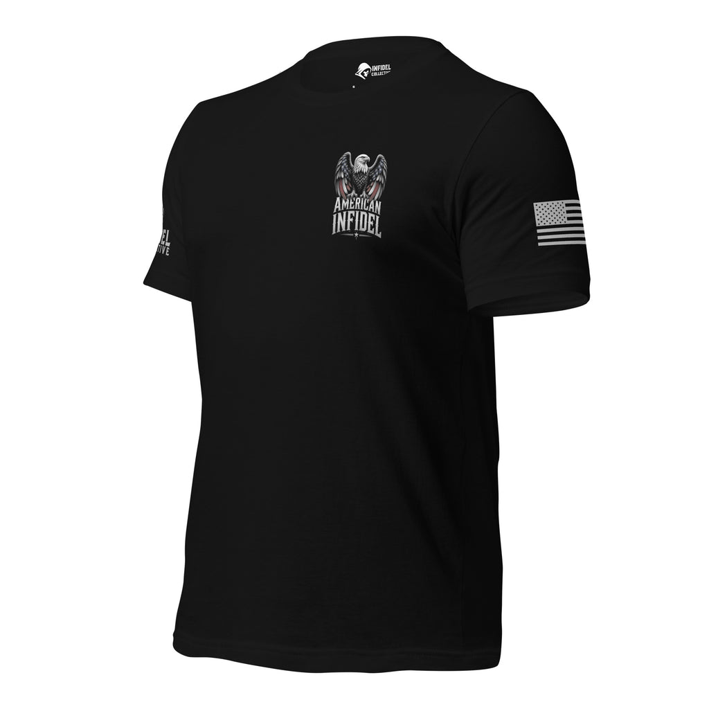 Front-left view of Black American Infidel Flag Eagle Back Print tee.