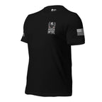 Front-left view of Black American Infidel Flag Eagle Back Print tee.