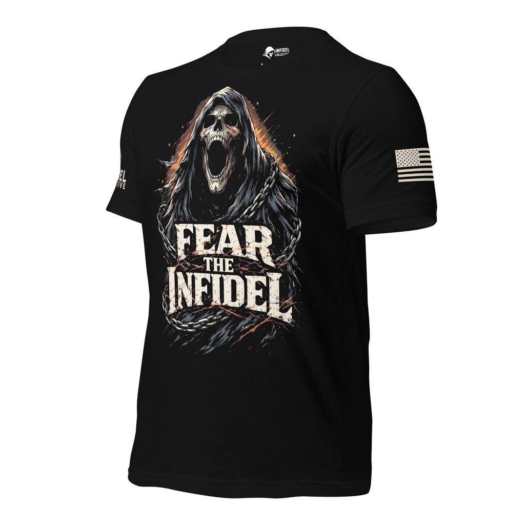 Front-left view of Black Fear the Radiant Infidel Reaper tee.