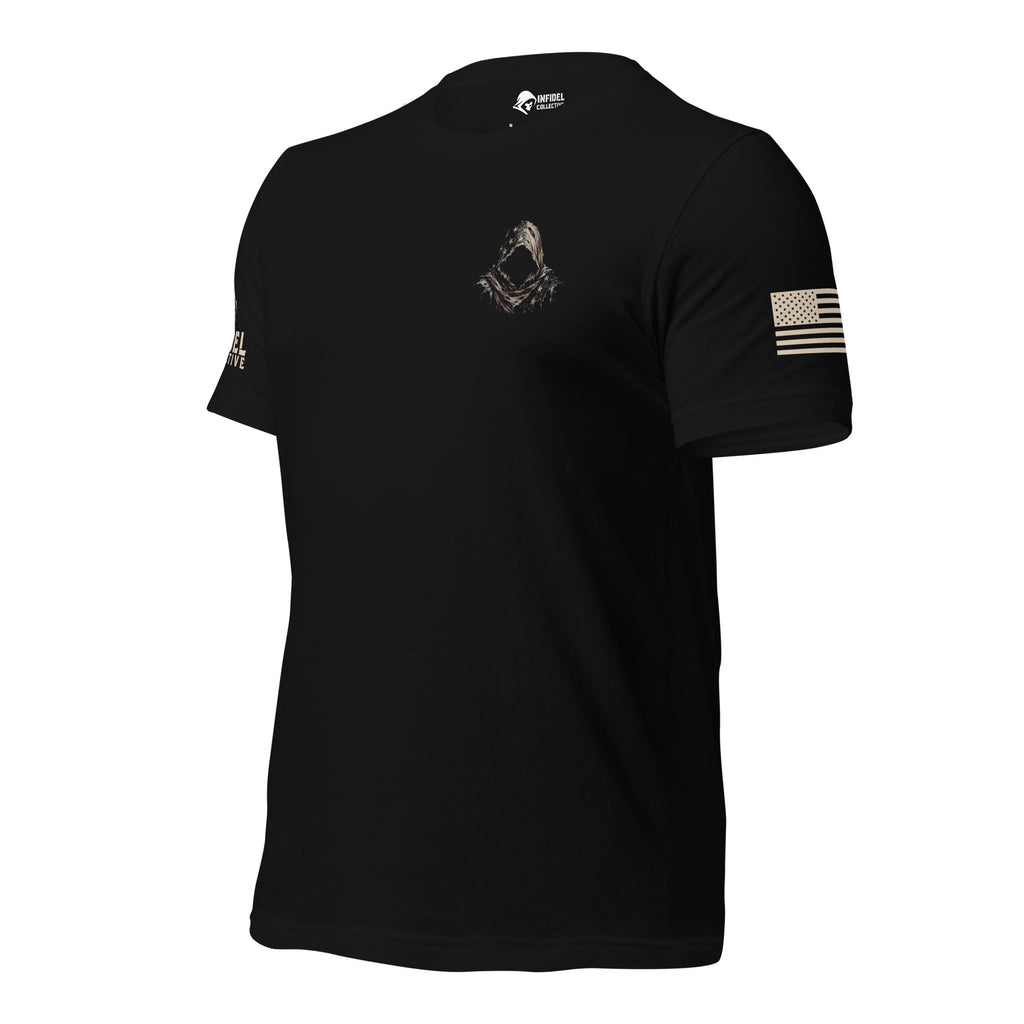 Front-left view of Black Infidel Not for All American Reaper Back Print tee.