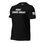 Front-left view of black Front Toward Enemy Claymore tee with FRONT TOWARD ENEMY chest print.