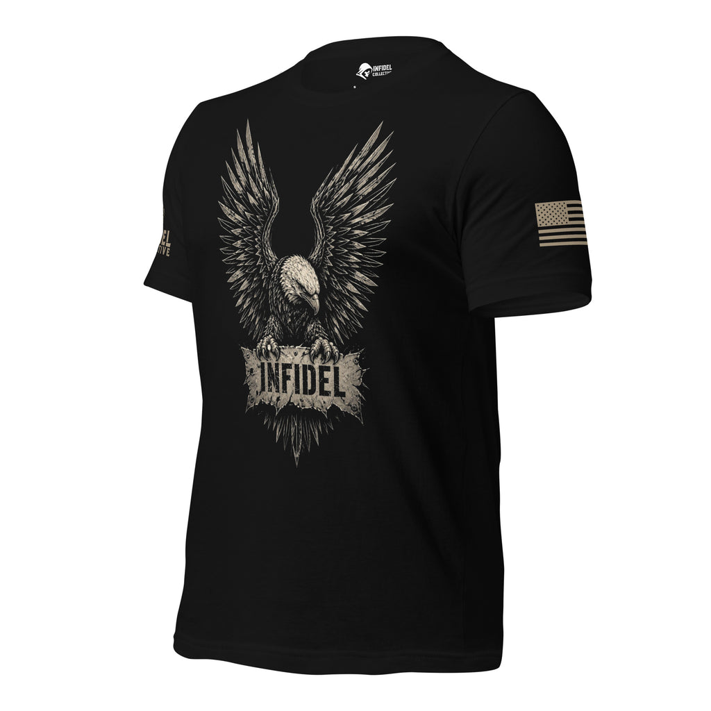 A front left view of black short-sleeve graphic t-shirt featuring a large distressed eagle design with the word 'INFIDEL' on the chest and a USA flag on the left sleeve, displayed against a white background.