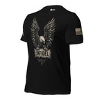 A front left view of black short-sleeve graphic t-shirt featuring a large distressed eagle design with the word 'INFIDEL' on the chest and a USA flag on the left sleeve, displayed against a white background.