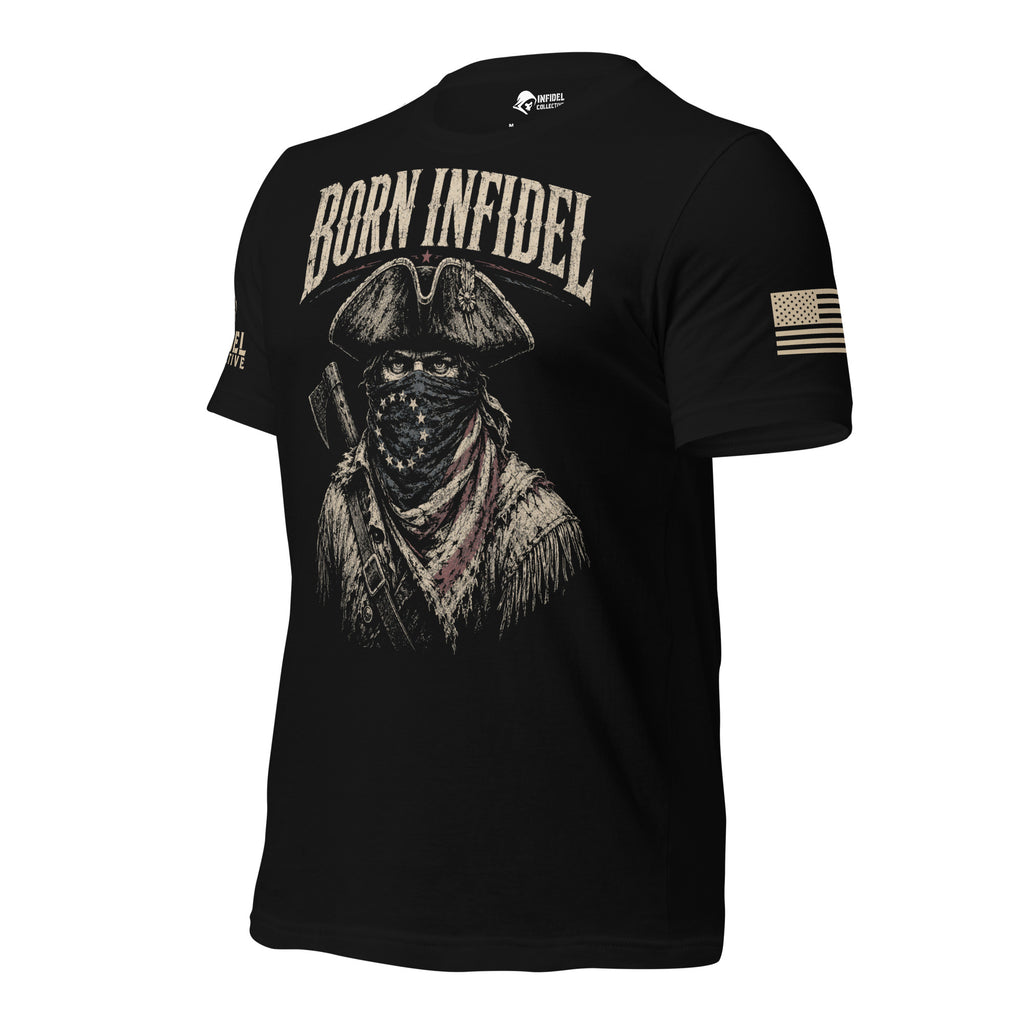 Born Infidel masked colonial patriot raider design front print black tee from Infidel Collective, with USA flag on left sleeve.