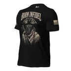 Born Infidel masked colonial patriot raider design front print black tee from Infidel Collective, with USA flag on left sleeve.