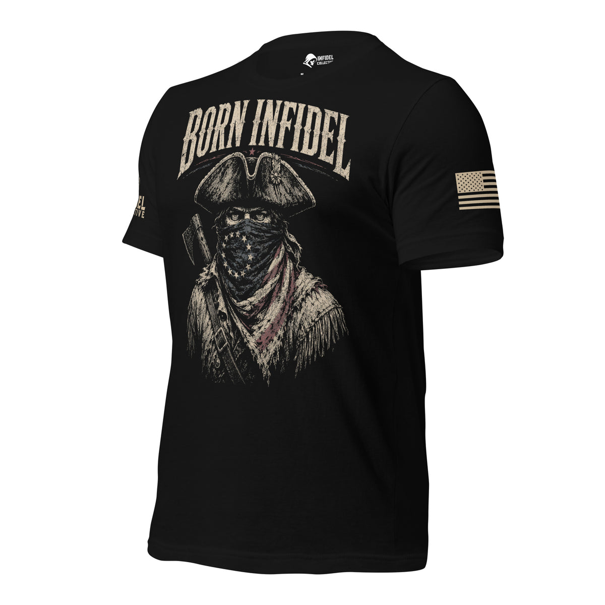 Born Infidel masked colonial patriot raider design front print black tee from Infidel Collective, with USA flag on left sleeve.