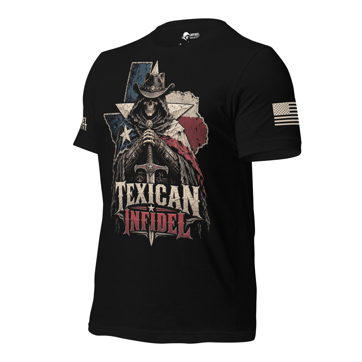 Texican Infidel tee mockup, angle 2