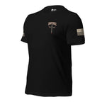 Left angled front view of black Crimson Cross of Nails tee