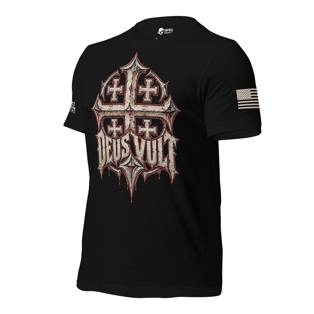 Deus Vult Jerusalem cross black tee left angled view