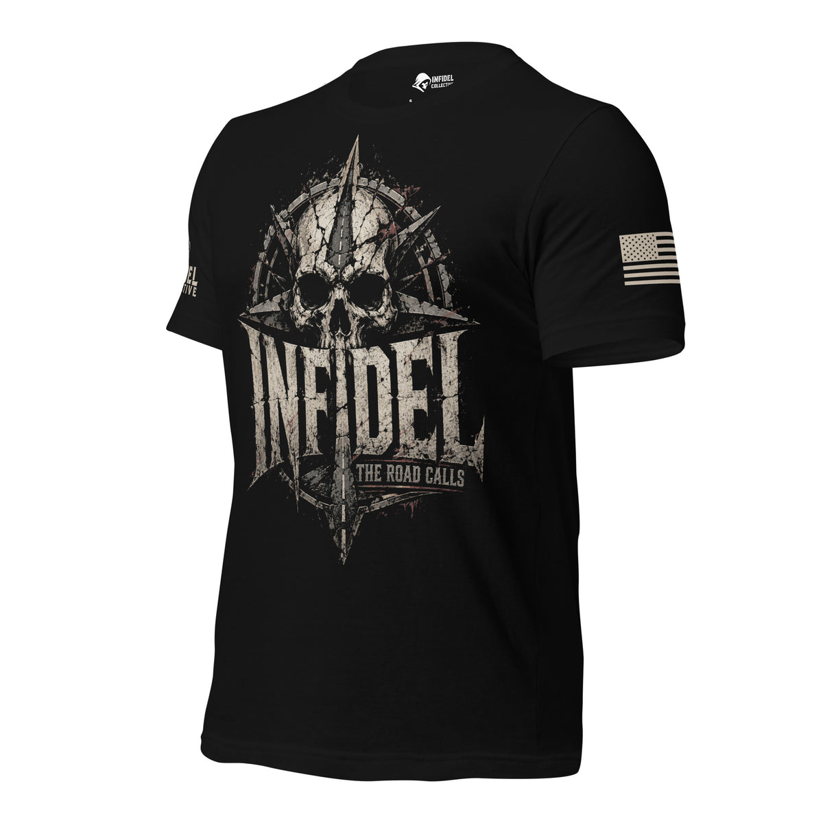 Called from All Directions Road Compass Tee, black tee, left-side view