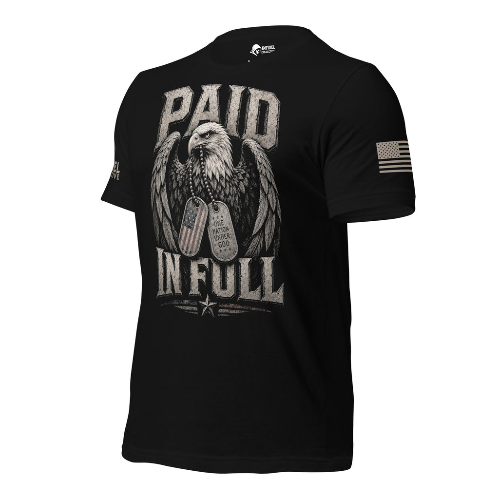 A Nation's Debt Paid in Full Tee, black tee, left-side view