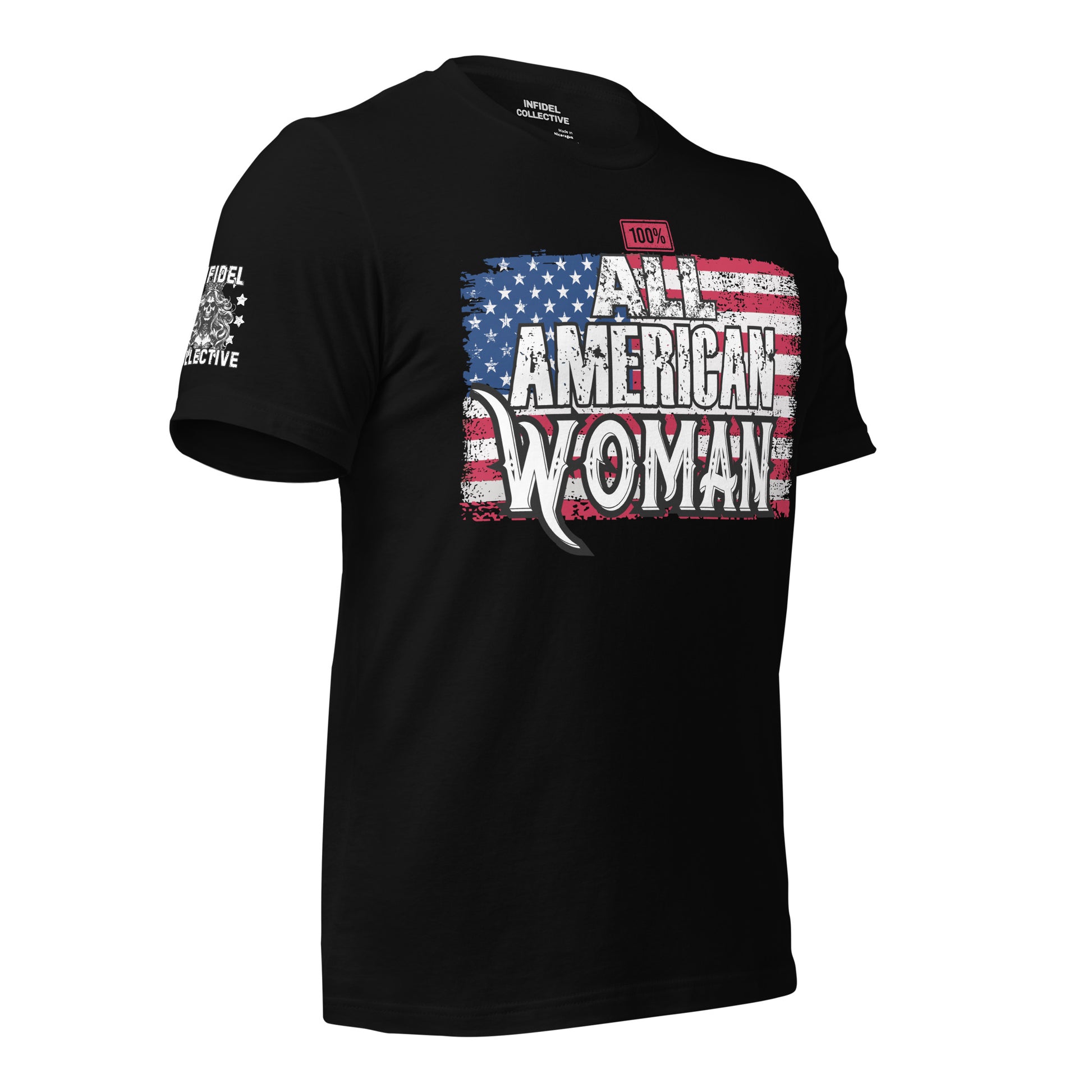 All American Woman Black T-Shirt | Patriotic Graphic Tee for Women  Infidel Collective