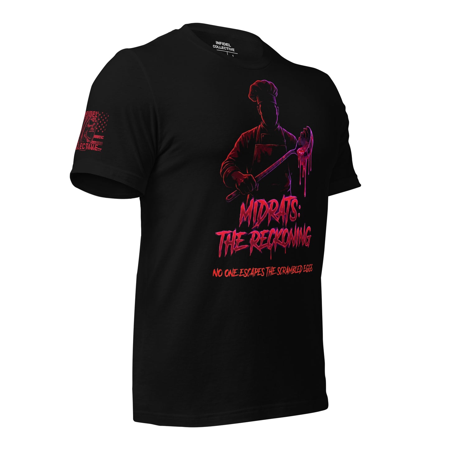 Side view of Black t-shirt with red thriller graphic design "Midrats: The Reckoning" mockup on a white background.