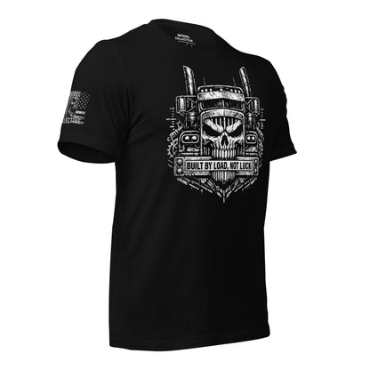 Black t-shirt with a graphic design of a skull and truck on a white background