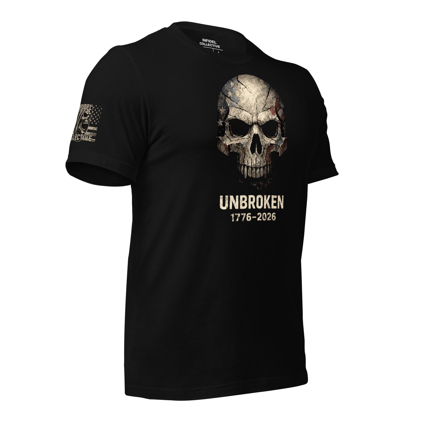 Black t-shirt with skull design and 'UNBROKEN' text on a white background