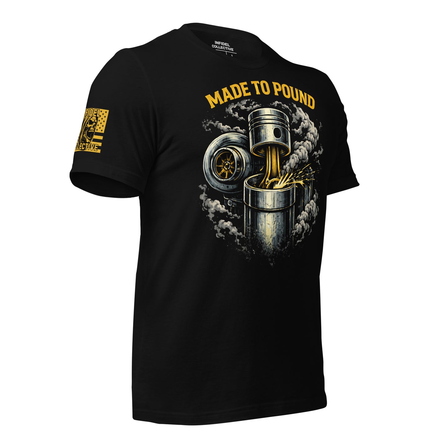 Black t-shirt with 'Made to Pound' graphic design featuring a piston and tire on a white background.