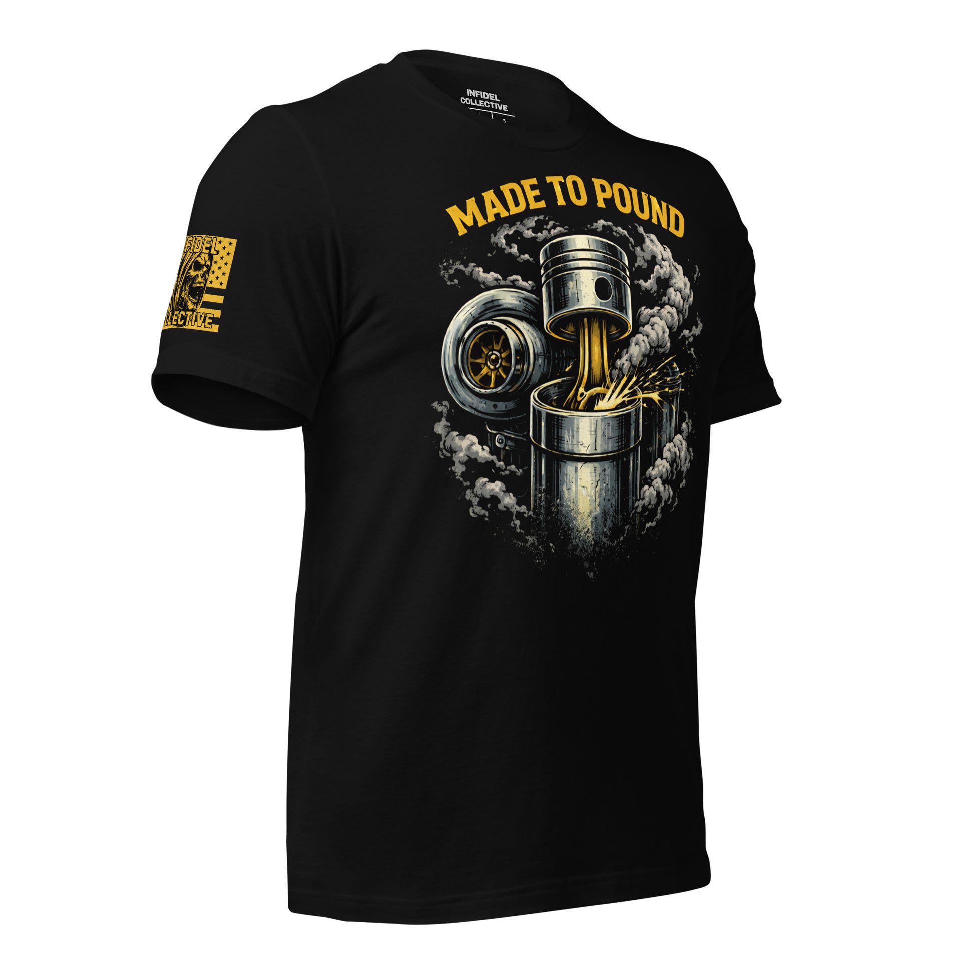 Black t-shirt with 'Made to Pound' graphic design featuring a piston and tire on a white background.