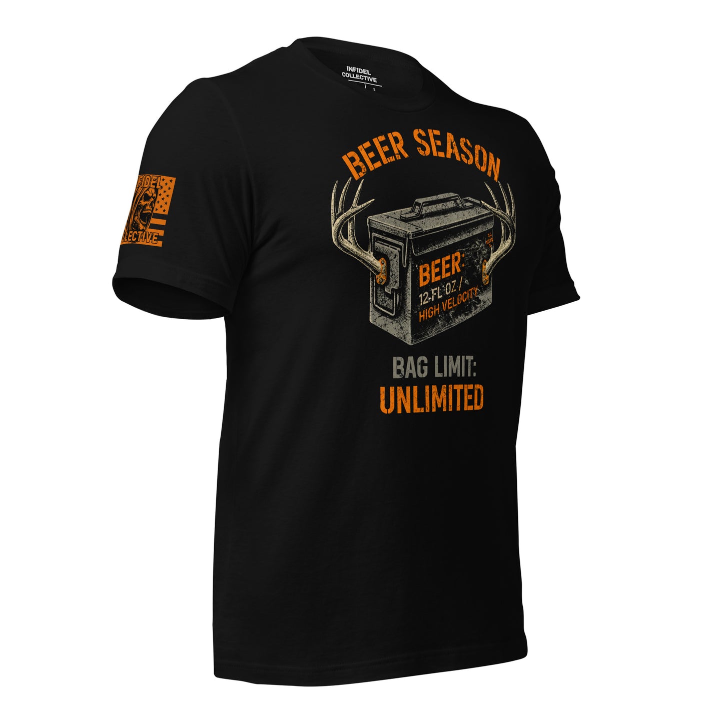 Ghosted mockup of Black t-shirt with orange graphic design and text "BEER SEASON", side view.