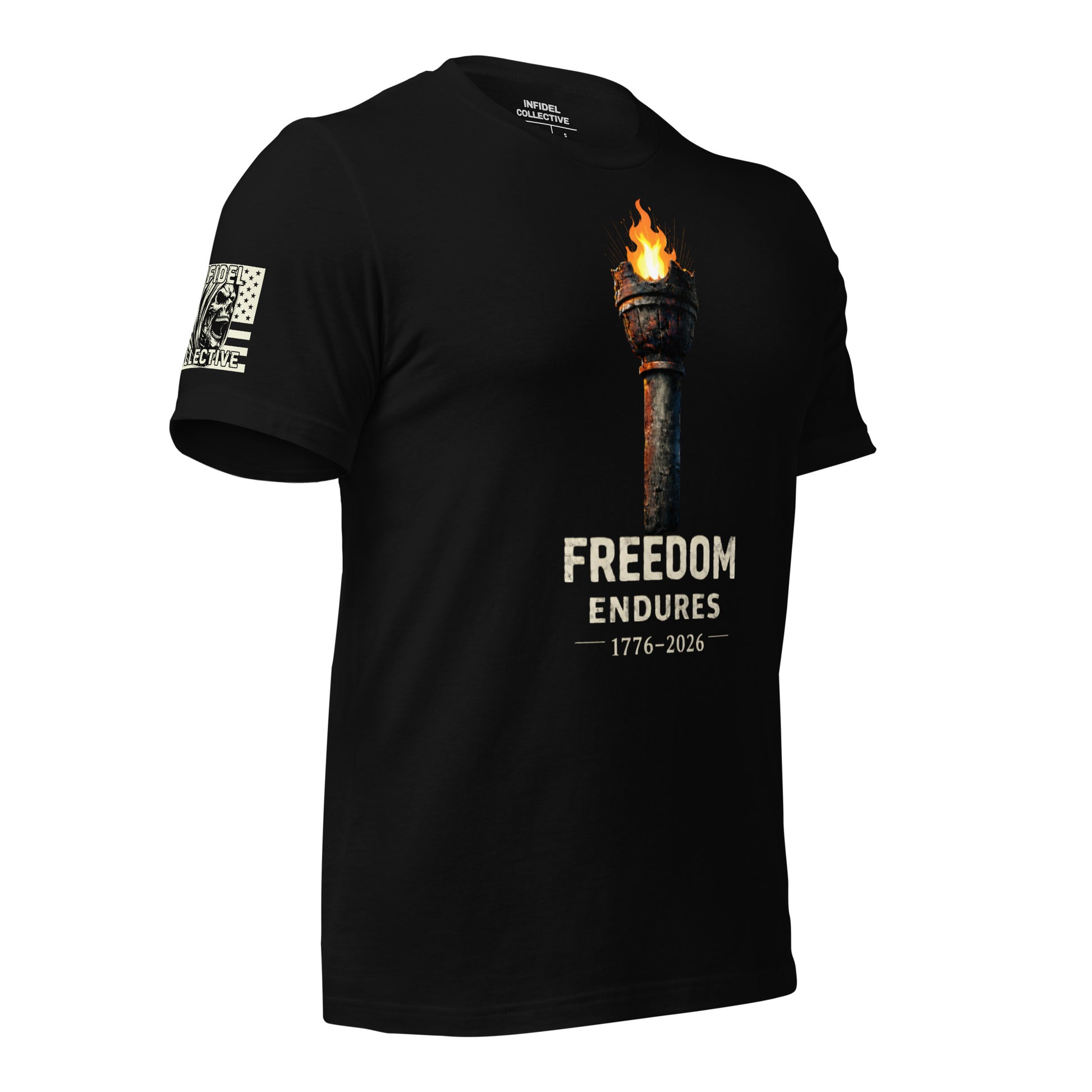 Black t-shirt with a torch graphic and 'Freedom Endures' text on a white background