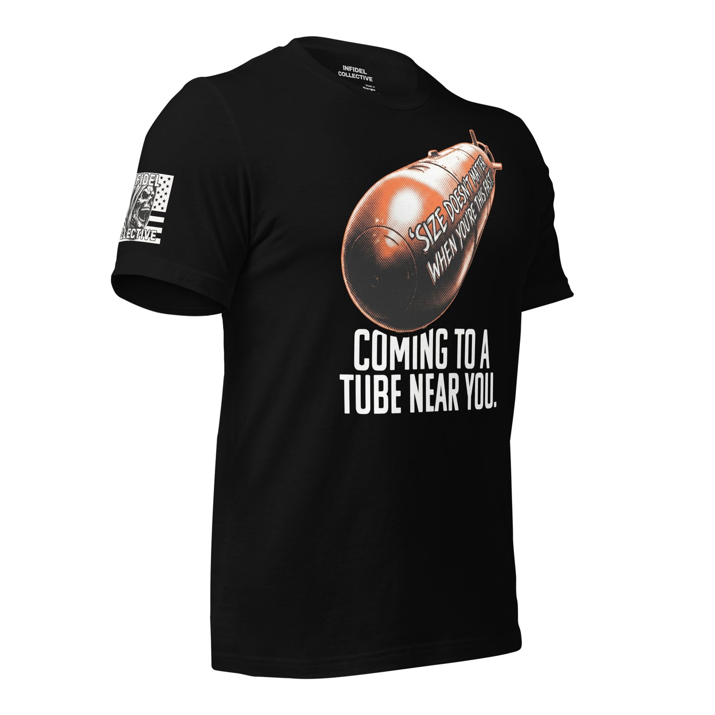 Ghosted mockup of Black t-shirt with a graphic of a torpedo and text "Coming To A Tube Near You", against a white background - side view.