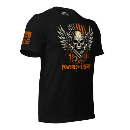 Ghosted mockup of Black t-shirt with a skull and crossed pistons design featuring an American flag, text 'Powered by Liberty', on a white background - side view.