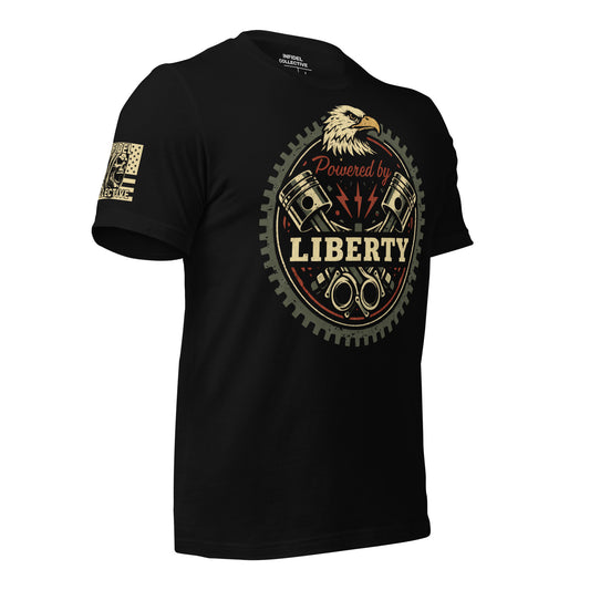 Black t-shirt with an eagle and gear design on a white background